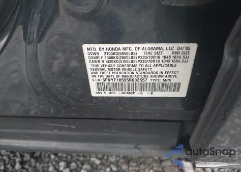 2005 Honda Pilot Ex-L from USA, damaged, VIN 5FNYF18595B032557